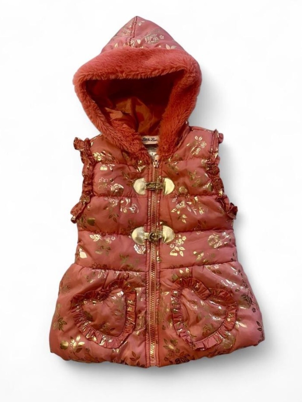 Little Lass Girls Rose Pink Gold Floral Quilted Puffer Hooded Vest Faux Fur 5